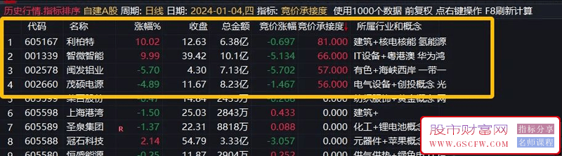 通达信【集合竞价涨停牛股承接度】热点排序,集合竞价擒牛,助您擒获当天最强板！源码附图_展示图_01
