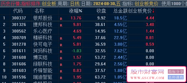 通达信【创业板专用竞价】副图排序,选票靠大,指标源码,附图_展示图_01