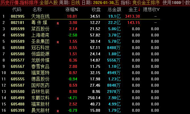 通达信〖竞价金王排序〗筛选出具备高开潜力、资金抢筹明显且技术形态健康的标的_展示图_01