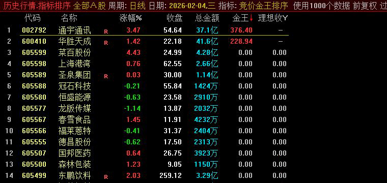 通达信〖竞价金王排序〗筛选出具备高开潜力、资金抢筹明显且技术形态健康的标的_展示图_02